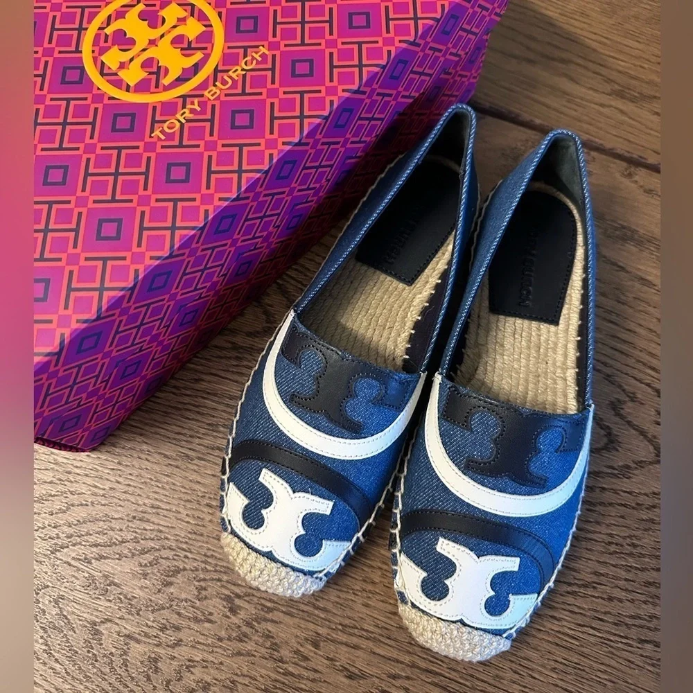 NWT! NEW! Tory Burch Poppy Canvas Leather Mixed Espadrilles -Denim Size US 5.5